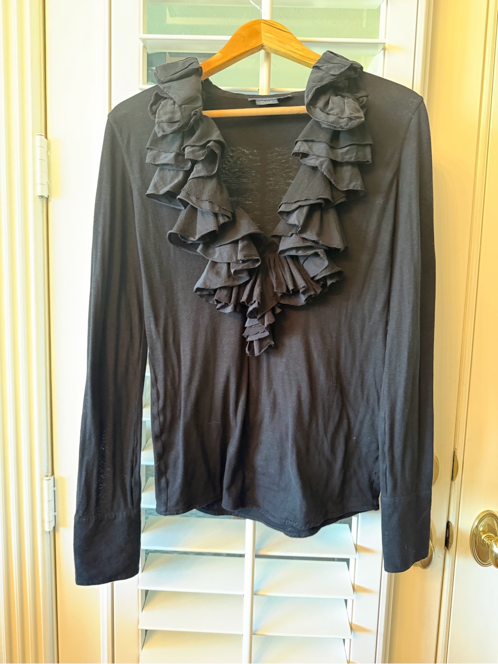 Ralph Lauren Black Ruffle V-Neck Ruffled Long Sleeve Top